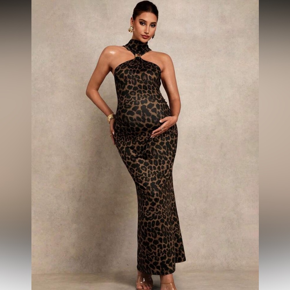 Leopard Halter Maxi Dress in Brown and Black